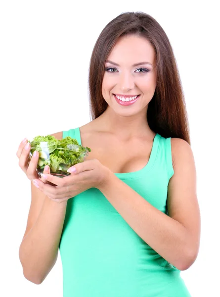 Bella ragazza con insalata fresca isolata su bianco — Foto Stock