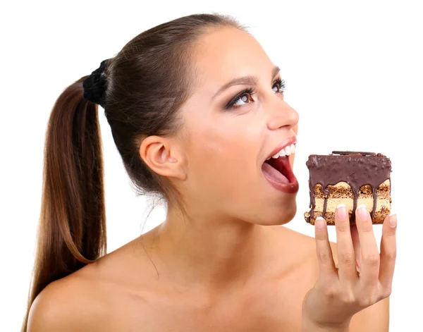 Retrato de hermosa joven con cupcake de chocolate aislado en blanco — Foto de Stock