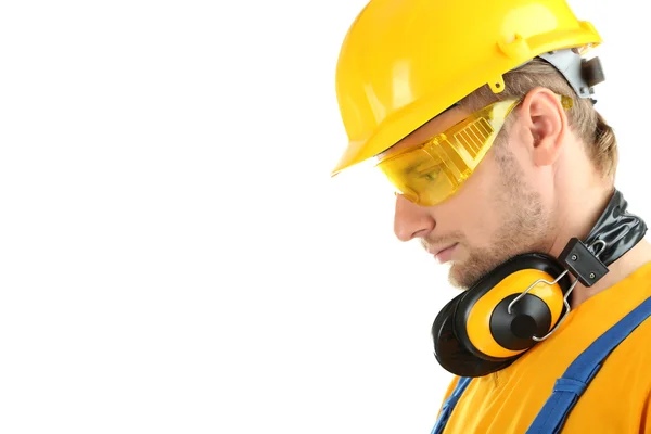 Retrato de joven constructor aislado en blanco — Foto de Stock