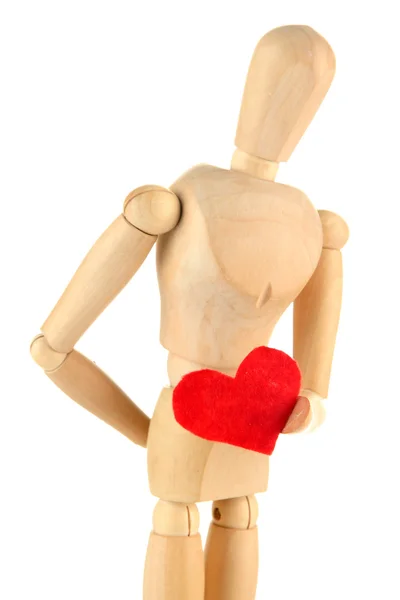 Wooden mannequin holding red heart isolated on white — Stock Photo, Image