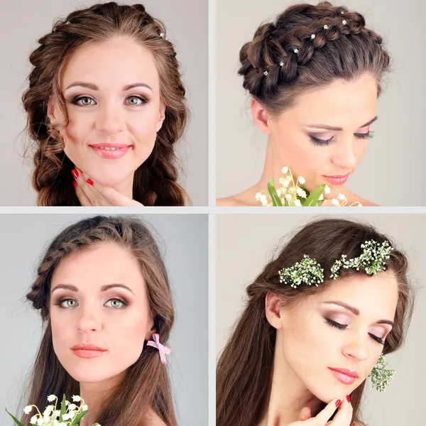 Collage av vacker flicka med olika frisyrer — Stockfoto