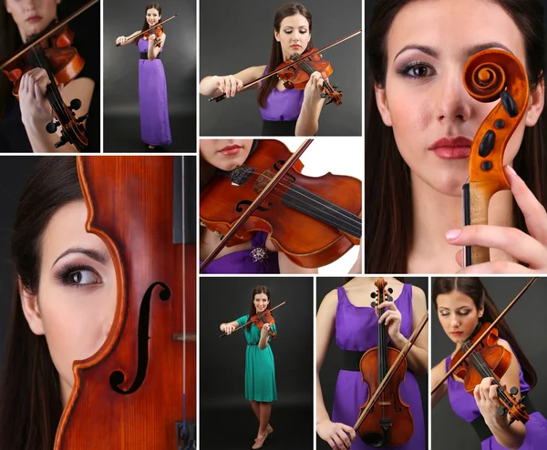 Music Collage. Beautiful young girl with violin — Stock Photo, Image