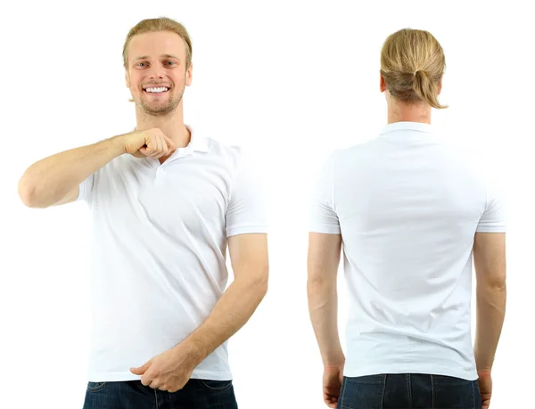Kjekk ung mann i t-skjorte isolert på hvit – stockfoto