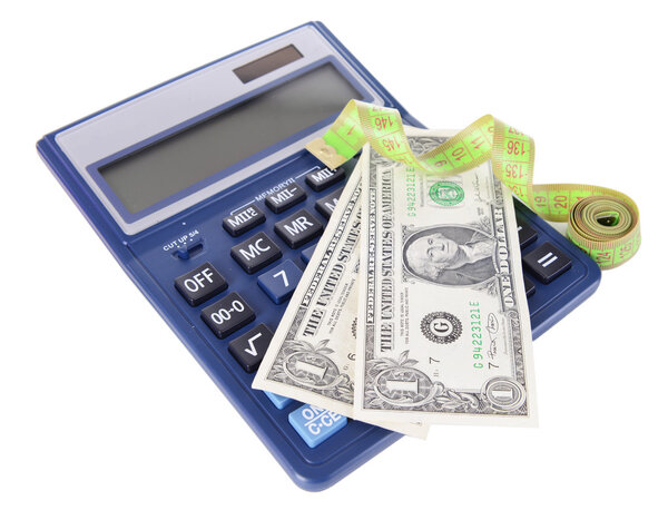 Tape measure with money and calculator isolated on white
