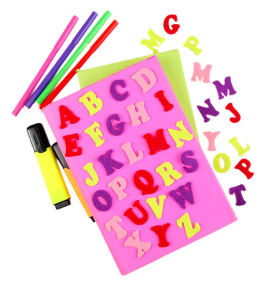 English alphabet, books and markers, isolated on white — Stock Photo, Image