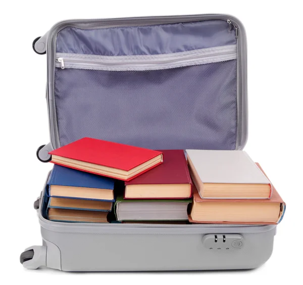 Suitcase with books isolated on white — Stock Photo, Image
