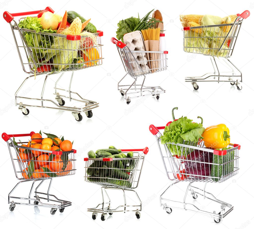 Trolleys with different products isolated on white