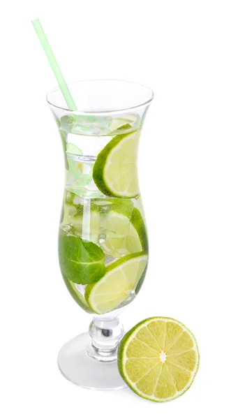 Glass of cocktail with lime and mint isolated on white — Stock Photo, Image