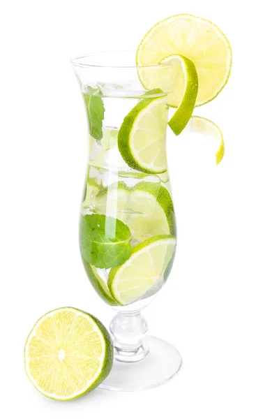 Glass of cocktail with lime and mint isolated on white — Stock Photo, Image