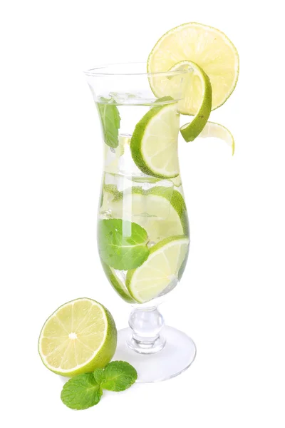 Glass of cocktail with lime and mint isolated on white — Stock Photo, Image