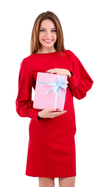 Donna attraente con confezione regalo, isolato su bianco — Foto Stock