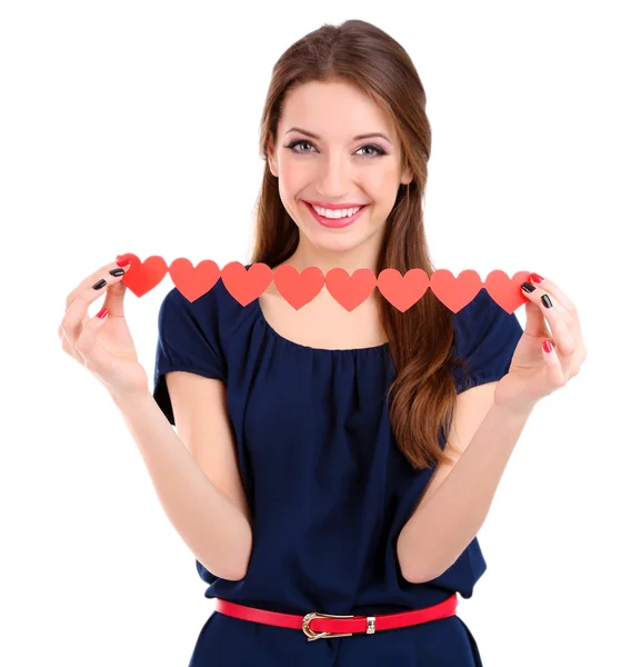 Attractive woman with with paper garland, isolated on white — Stock Photo, Image