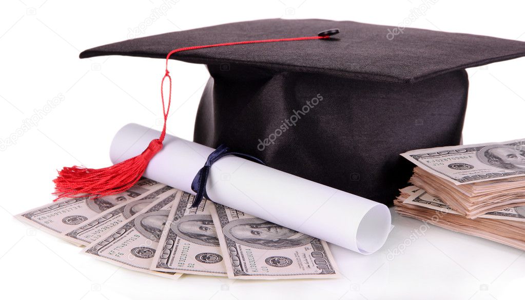 Graduation hat, money and scroll, isolated on white