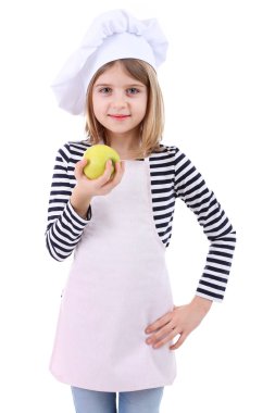 güzel küçük bir kız üzerinde beyaz izole apple holding