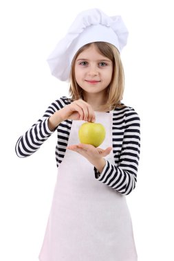 güzel küçük bir kız üzerinde beyaz izole apple holding