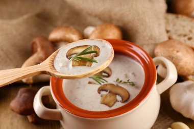 tahta kaşık ve pot, çul zemin üzerine ahşap masa üzerinde mantar çorbası
