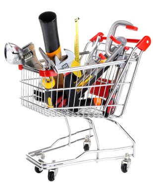 alışveriş sepeti üzerine beyaz izole inşaat araçları