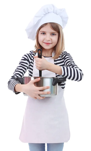 Menina bonita segurando colher de cozinha e panela isolada no branco — Fotografia de Stock