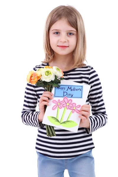 Beautiful little girl holding bouquet and card isolated on white — Stock Photo, Image