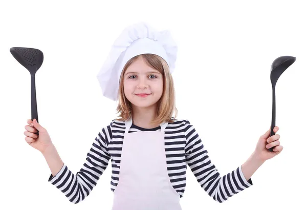 Gyönyörű kislány elszigetelt fehér konyha kanalak — Stock Fotó