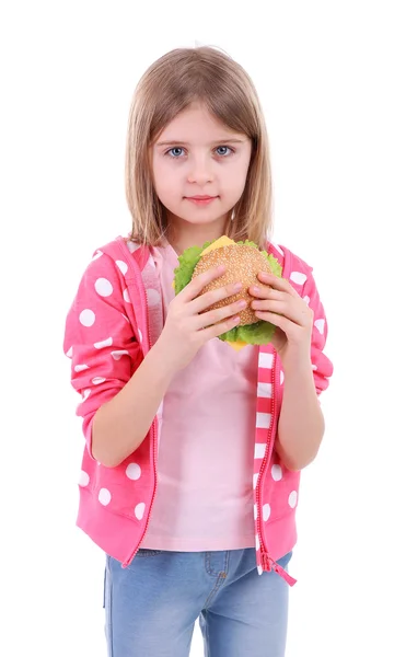 Όμορφο κοριτσάκι που κρατάει το σάντουιτς που απομονώνονται σε λευκό — Φωτογραφία Αρχείου