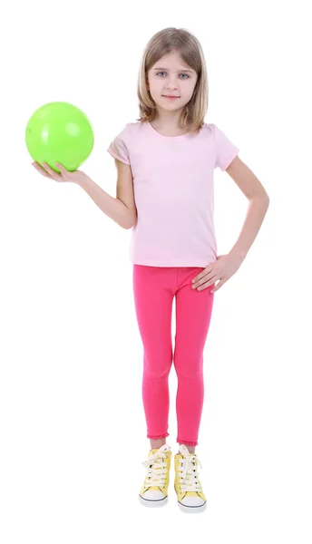 Beautiful little girl holding ball isolated on white — Stock Photo, Image