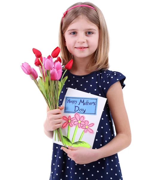 Beautiful little girl holding bouquet and card isolated on white — Stock Photo, Image