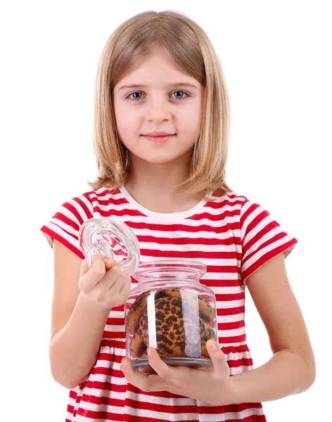 Beautiful little girl holding jar of cookies isolated on white — Stock Photo, Image