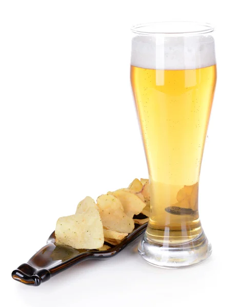 Glass of beer with snack isolated on white — Stock Photo, Image