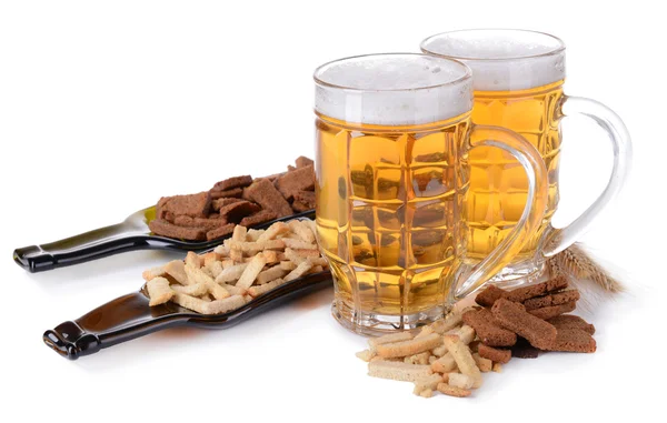 Glasses of beer with snack isolated on white — Stock Photo, Image