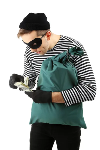 Thief with bag, isolated on white — Stock Photo, Image