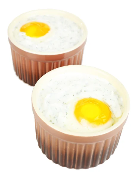 Baked eggs isolated on white — Stock Photo, Image