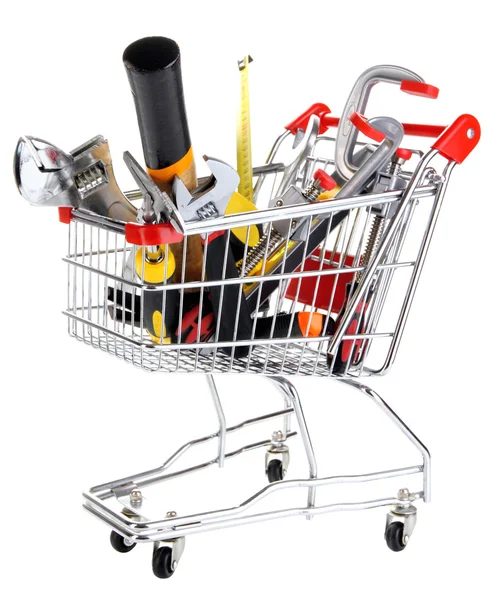 alışveriş sepeti üzerine beyaz izole inşaat araçları