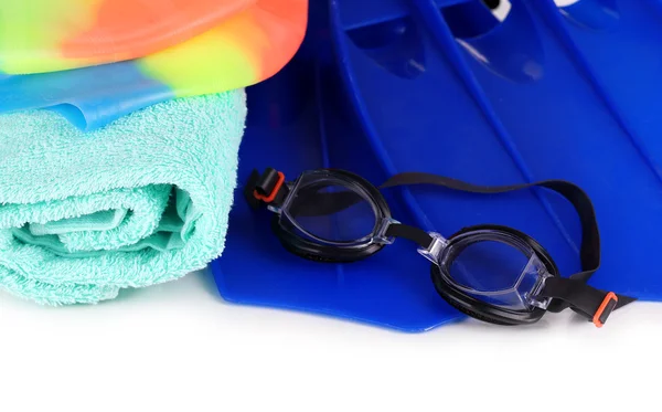 Pool cap, goggles, flippers and towel close-up isolated on white — Stock Photo, Image