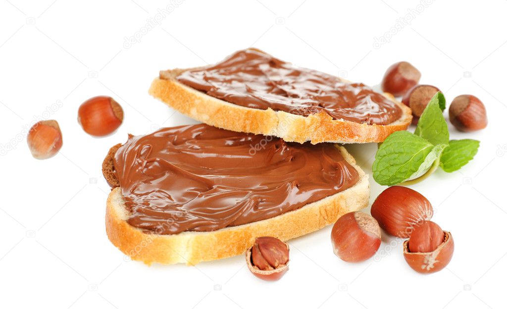 Bread with sweet chocolate hazelnut spread isolated on white