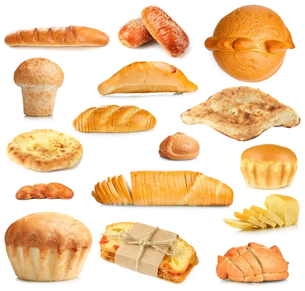 白で隔離される様々 なパンのコラージュ — ストック写真