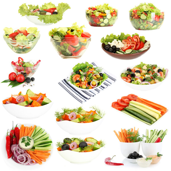 Collage of different salads isolated on white