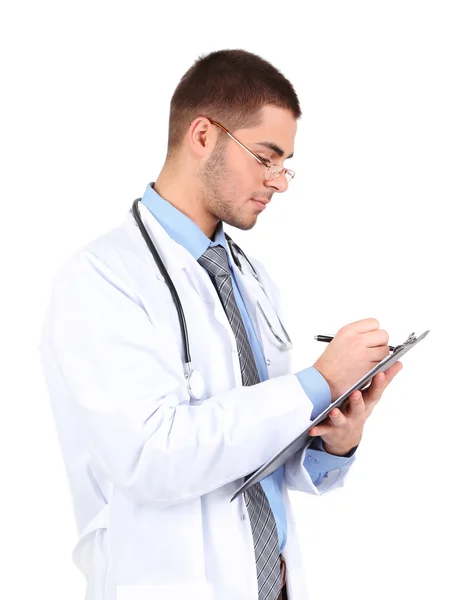 Male Doctor standing with folder, isolated on white background — Stock Photo, Image