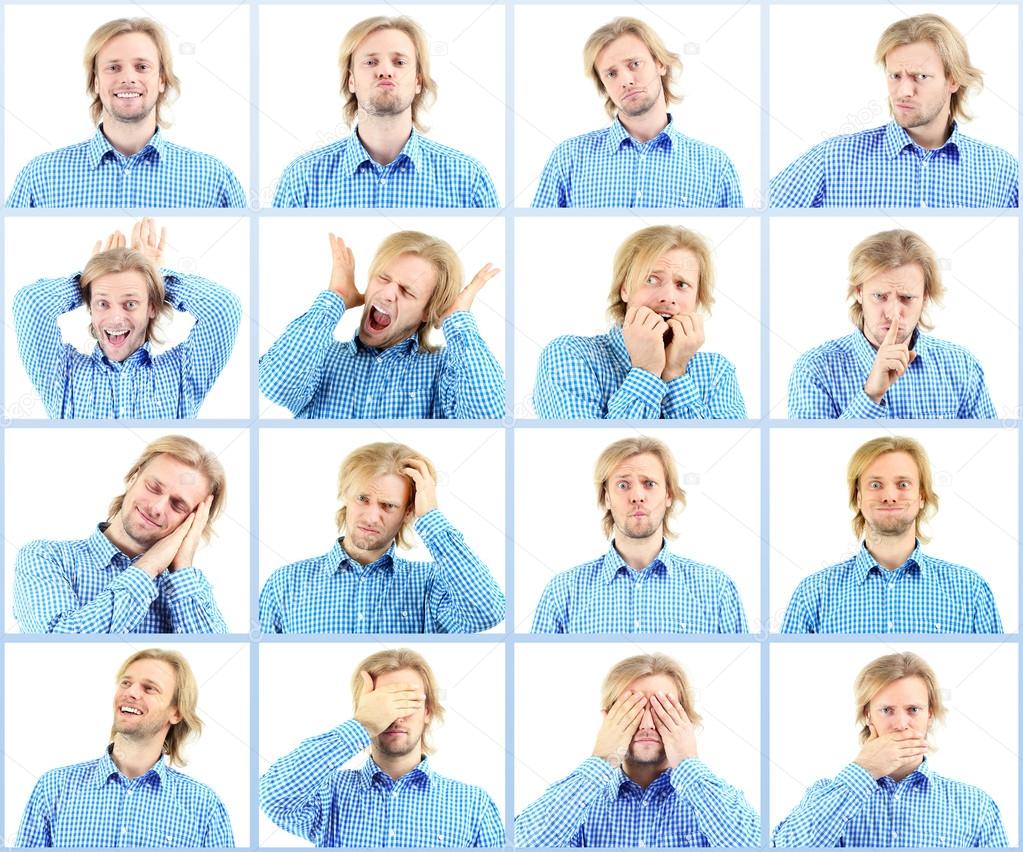 Collage of handsome emotional man isolated on white