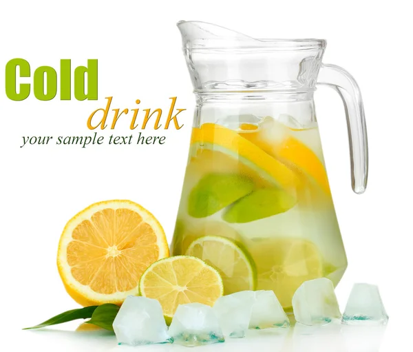 Cold water with lime, lemon and ice in pitcher isolated on white — Stock Photo, Image