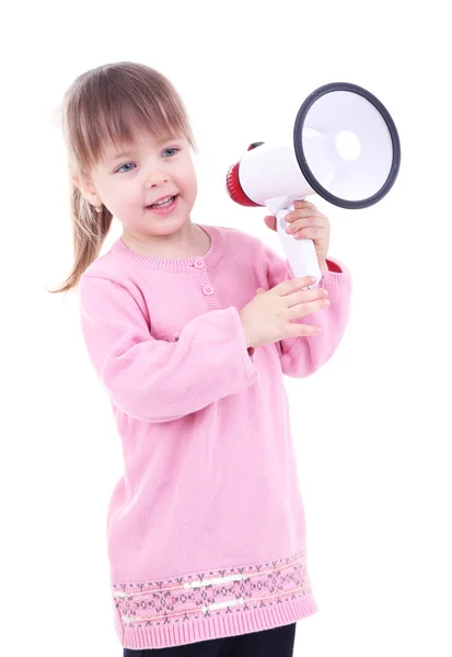 Beautiful little girl holding bullhorn isolated on white — Stock Photo, Image