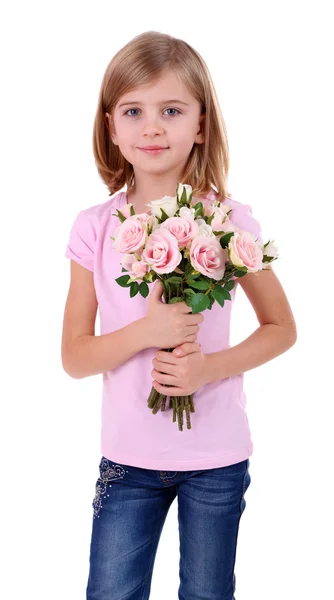 Beautiful little girl holding bouquet isolated on white — Stock Photo, Image