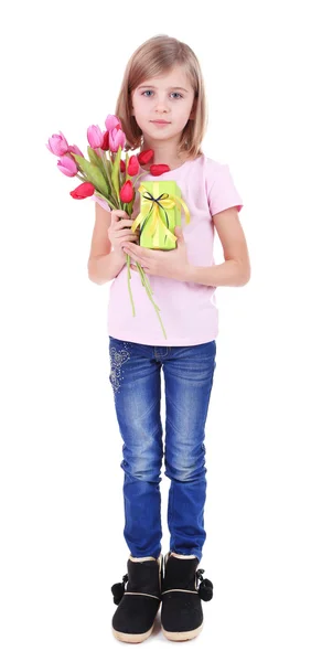 Beautiful little girl holding bouquet and present box isolated on white — Stock Photo, Image