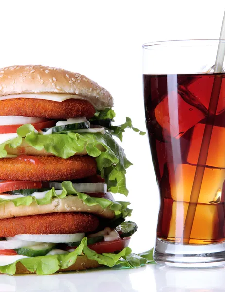 Huge burger and glass of cold drink, isolated on white — Stock Photo, Image