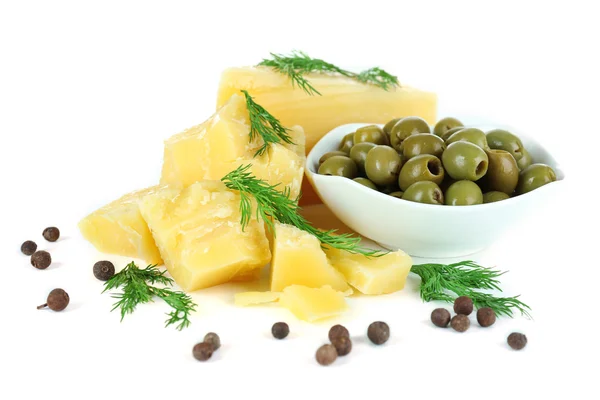Parmesan cheese, fresh herbs and olives isolated on white — Stock Photo, Image