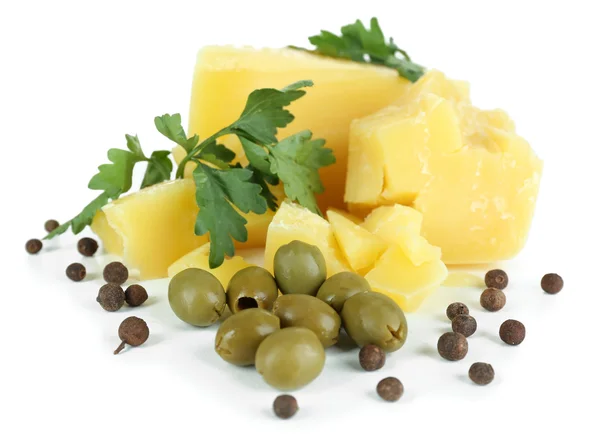 Parmesan cheese, fresh herbs and olives isolated on white — Stock Photo, Image