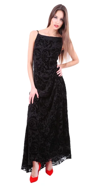 Mooie jonge vrouw in zwart jurk geïsoleerd op wit — Stockfoto