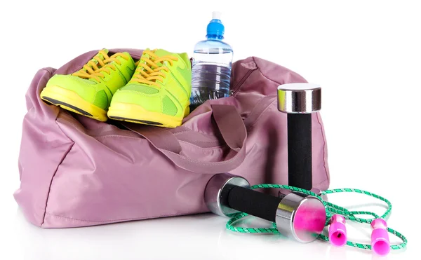 Sportovní taška s sportovní vybavení izolované na bílém — Stock fotografie