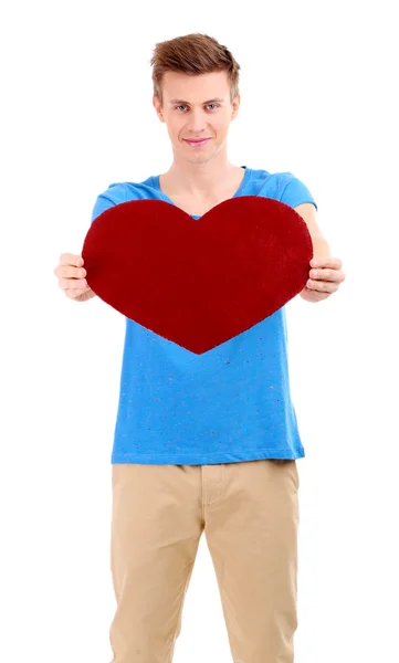 Joven guapo con gran corazón rojo, aislado en blanco —  Fotos de Stock