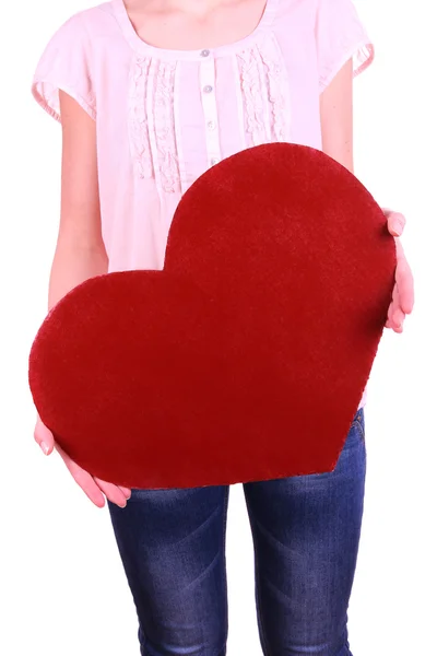 Female holding big red heart isolated on white — Stock Photo, Image